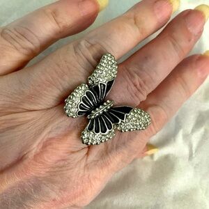 Statement Butterfly Ring Black/Clear Crystals Adjusts(stretchy) Silvertone Metal
